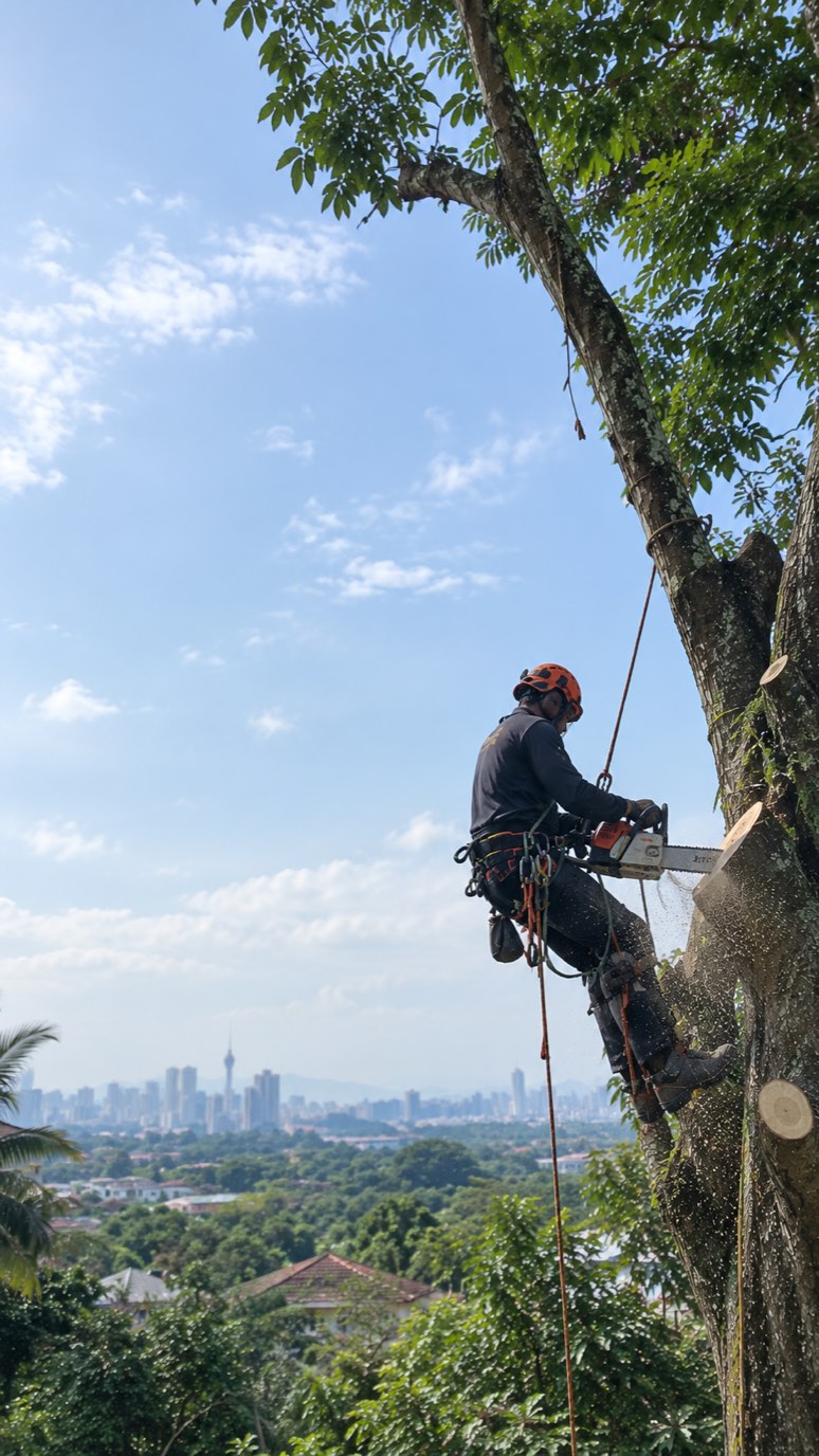 Pekerja Bomoh Pokok memotong dahan pokok menggunakan gergaji rantai sambil memakai tali keselamatan